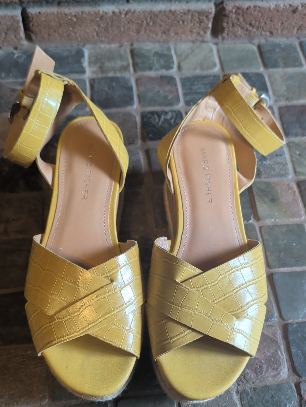 Marc Fisher Yellow Croc-Embossed Crisscross Ankle-Strap Sandals